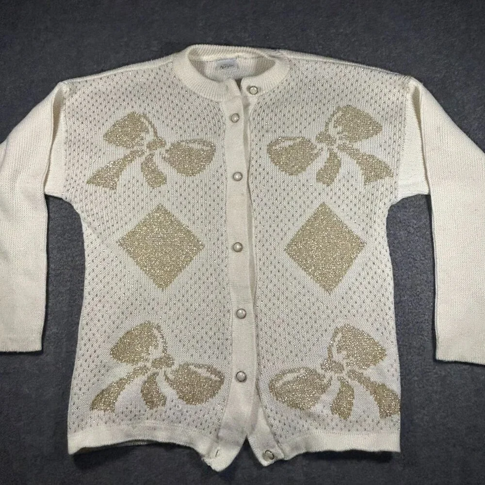 Vintage Cream Metallic Long Sleeve Cardigan Sweater Gold Bow Holiday Pearl - Picture 1 of 15